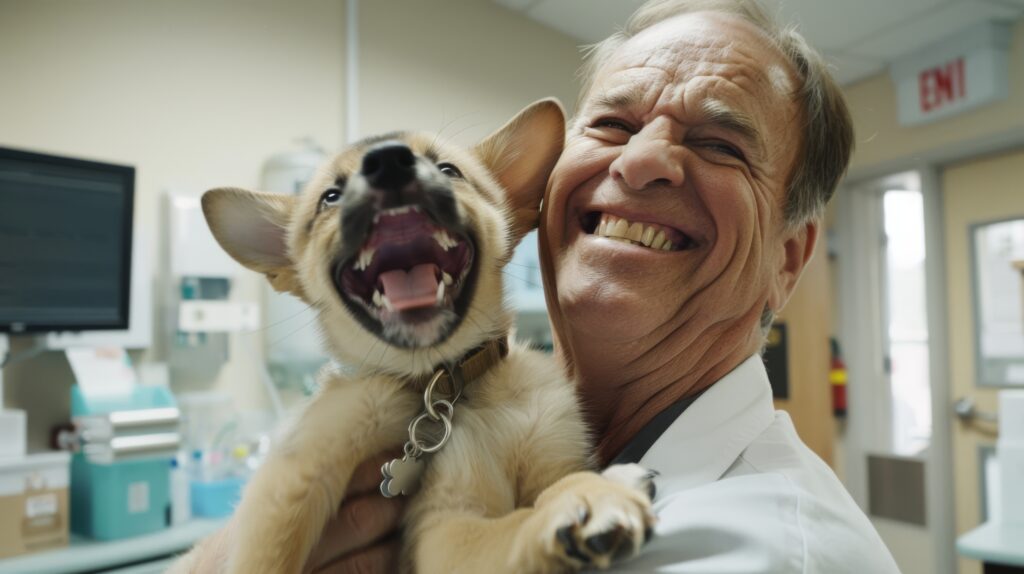 An exuberant veterinarian shares a genuine laugh with a happy, energetic puppy in a modern clinic.